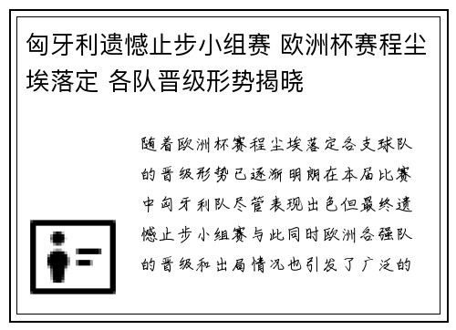 匈牙利遗憾止步小组赛 欧洲杯赛程尘埃落定 各队晋级形势揭晓