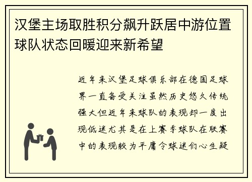 汉堡主场取胜积分飙升跃居中游位置球队状态回暖迎来新希望