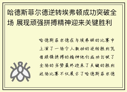 哈德斯菲尔德逆转埃弗顿成功突破全场 展现顽强拼搏精神迎来关键胜利