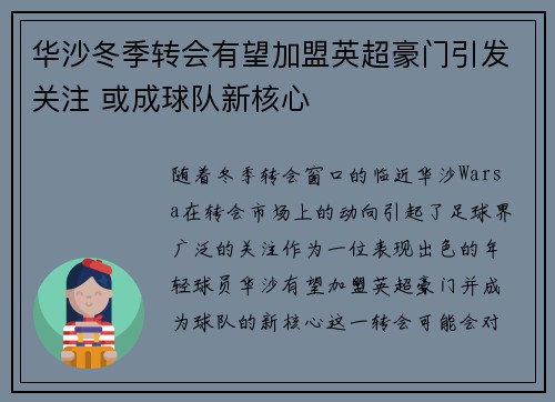 华沙冬季转会有望加盟英超豪门引发关注 或成球队新核心