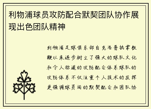 利物浦球员攻防配合默契团队协作展现出色团队精神