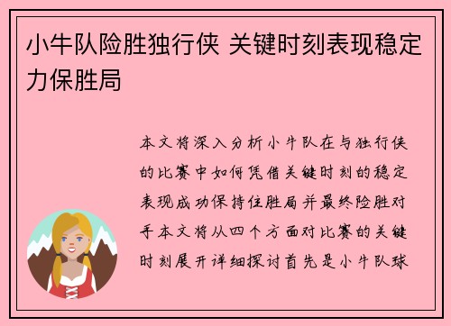 小牛队险胜独行侠 关键时刻表现稳定力保胜局