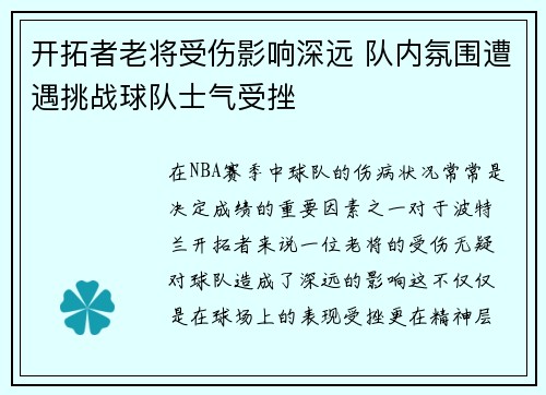开拓者老将受伤影响深远 队内氛围遭遇挑战球队士气受挫
