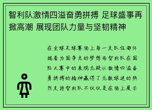 智利队激情四溢奋勇拼搏 足球盛事再掀高潮 展现团队力量与坚韧精神