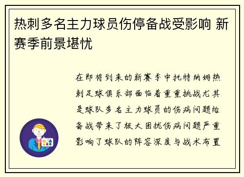 热刺多名主力球员伤停备战受影响 新赛季前景堪忧
