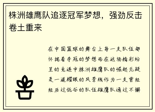 株洲雄鹰队追逐冠军梦想，强劲反击卷土重来