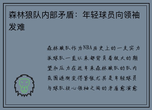 森林狼队内部矛盾：年轻球员向领袖发难