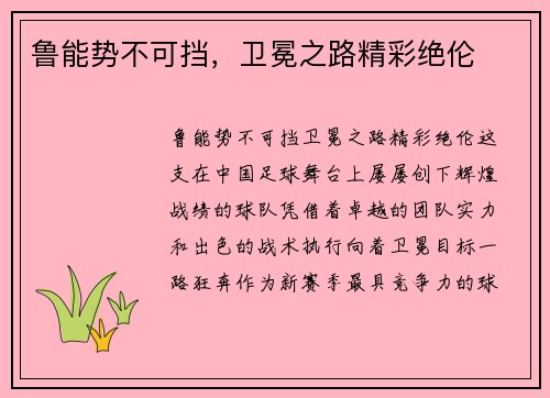 鲁能势不可挡，卫冕之路精彩绝伦