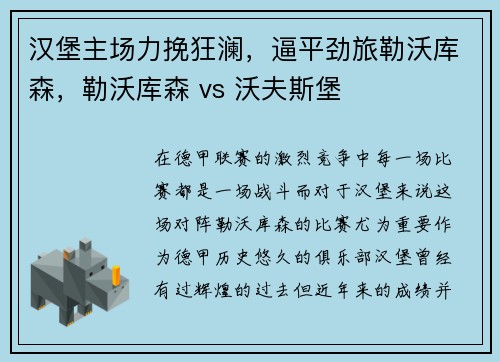 汉堡主场力挽狂澜，逼平劲旅勒沃库森，勒沃库森 vs 沃夫斯堡