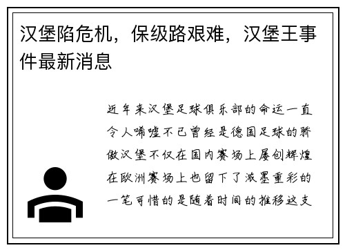 汉堡陷危机，保级路艰难，汉堡王事件最新消息