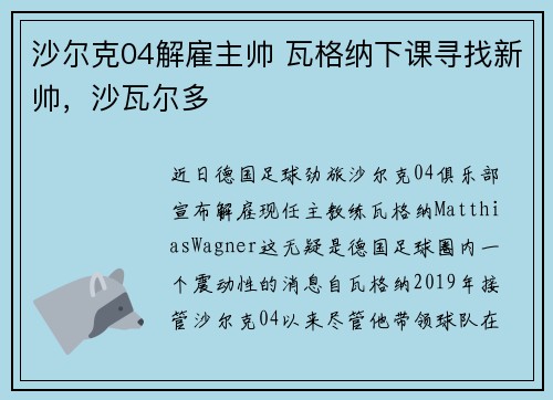 沙尔克04解雇主帅 瓦格纳下课寻找新帅，沙瓦尔多