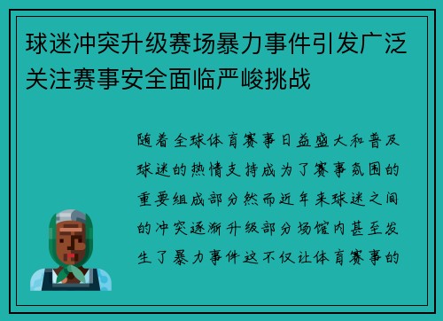 球迷冲突升级赛场暴力事件引发广泛关注赛事安全面临严峻挑战