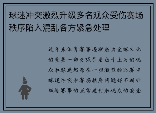 球迷冲突激烈升级多名观众受伤赛场秩序陷入混乱各方紧急处理
